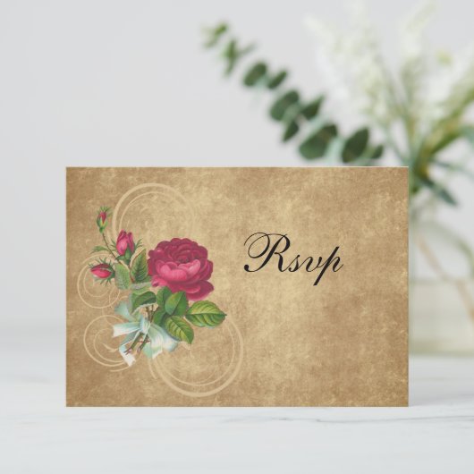 Elegant  Roos, magenta/bruin RSVP Kaartje (Staand voorkant)