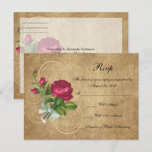 Elegant Roos, magenta/bruin Uitnodiging Briefkaart (Voorkant / Achterkant)