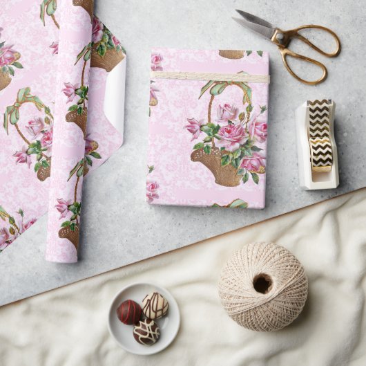 Elegant Roos mandje voor roze Damask Cadeaupapier (Crafts)