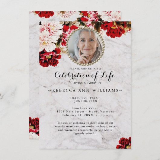 Elegant Roos Marble Celebration of Life Invitation Kaart (Voorkant / Achterkant)