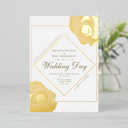 Elegant Roos met geperst goud Folie Uitnodiging (Staand Voorkant)