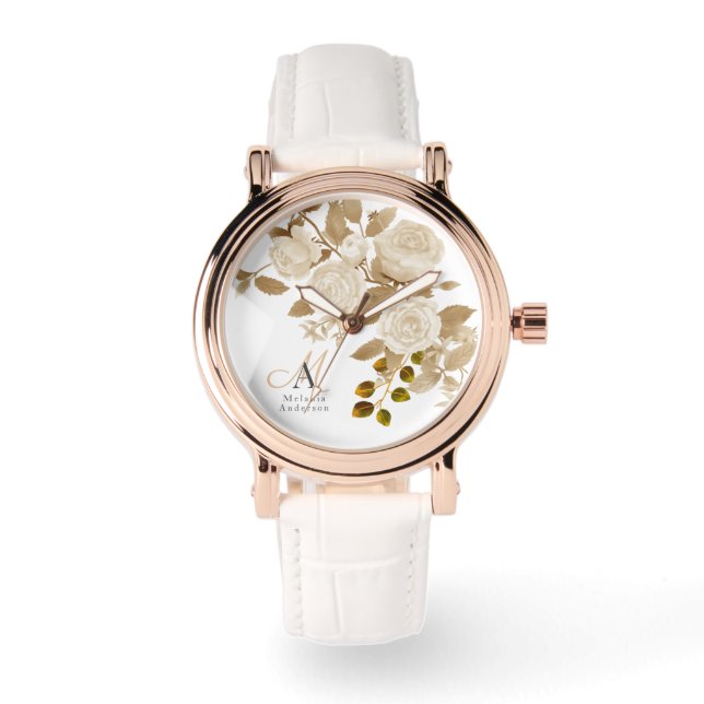 Elegant Roos Monogram Wit Horloge (Voorkant)