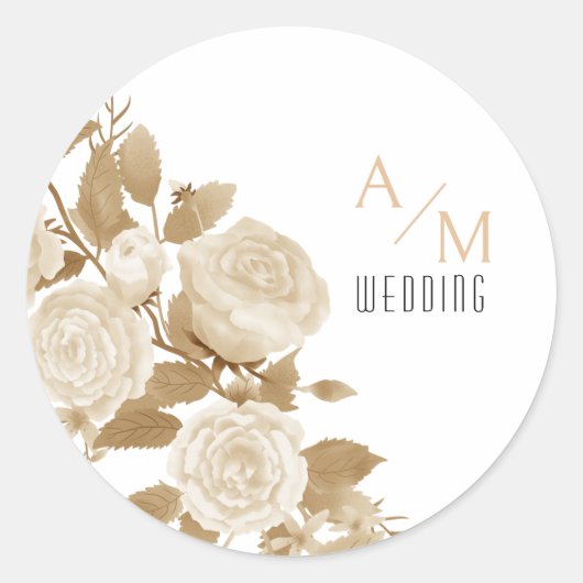 Elegant Roos Monogram Wit Ronde Sticker (Voorkant)