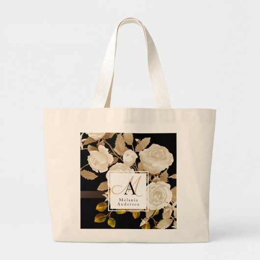 Elegant Roos Monogram Zwart Grote Tote Bag (Voorkant)