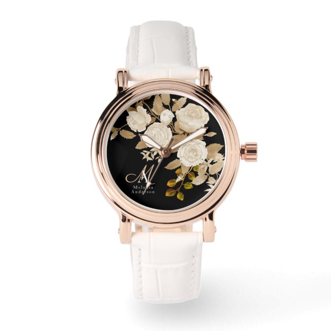 Elegant Roos Monogram Zwart Horloge (Voorkant)