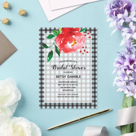 Elegant Roos op Gingham Vrijgezellenfeest Acryl Uitnodigingen (Insitu (Huwelijk))