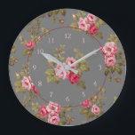 Elegant  Roos op grijze achtergrond Grote Klok<br><div class="desc">Prachtige sprays van elegante roze rozen en groene bladeren op een donkergrijze achtergrond met optionele centrifuge afbeelding. Het patroon is naadloos en kan naar boven of naar onder resized gebruikend schaal   en - knopen in het ontwerphulpmiddel. De ronde elementen en de aantallen zijn editable.</div>