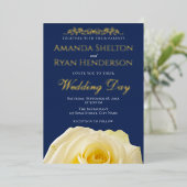 Elegant Roos Ornament Navy Blue Wedding Gold Folie Uitnodiging (Staand Voorkant)