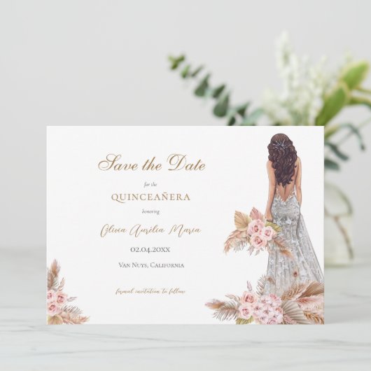 Elegant Roos Pampas Grass Quinceañera Save The Date (Staand voorkant)