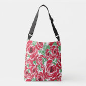 Elegant  Roos Patroon - Rood & Groen Bloemen Crossbody Tas (Voorkant)