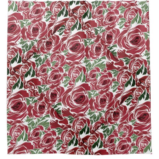 Elegant  Roos Patroon - Rood & Groen Bloemen Douchegordijn (Voorkant)