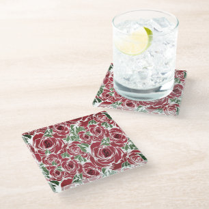 Elegant Roos Patroon - Rood & Groen Bloemen Glazen Onderzetter