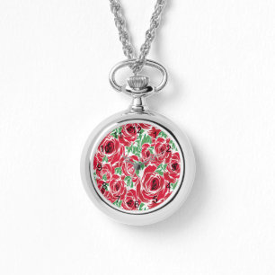 Elegant  Roos Patroon - Rood & Groen Bloemen Horloge
