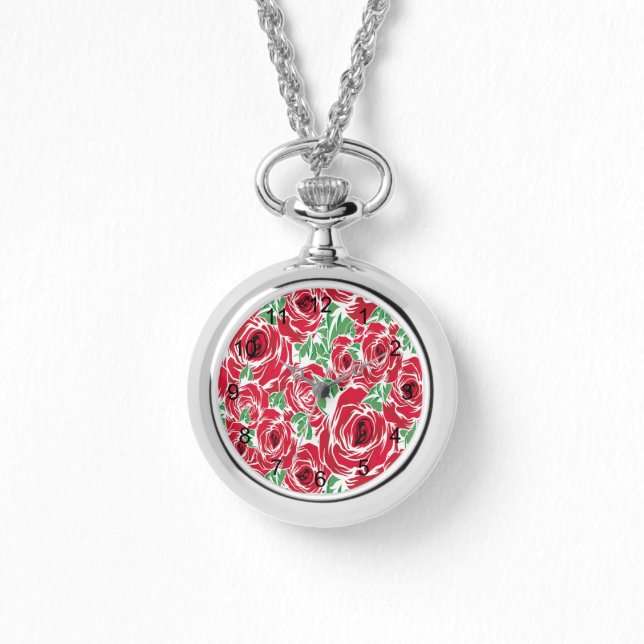 Elegant  Roos Patroon - Rood & Groen Bloemen Horloge (Voorkant)