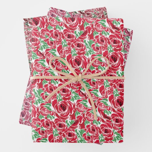 Elegant  Roos Patroon - Rood & Groen Bloemen Inpakpapier Vel (In situ)