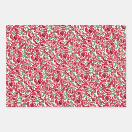 Elegant  Roos Patroon - Rood & Groen Bloemen Inpakpapier Vel (Voorkant)