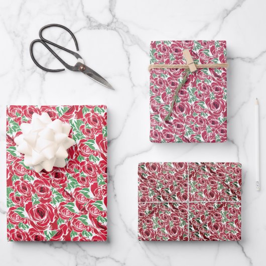 Elegant  Roos Patroon - Rood & Groen Bloemen Inpakpapier Vel (Voorkant)