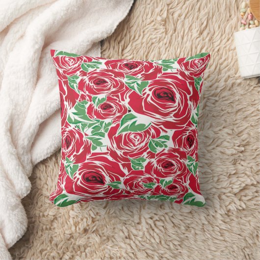 Elegant Roos Patroon - Rood & Groen Bloemen Kussen (Deken)