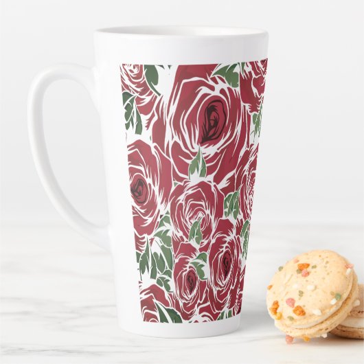 Elegant  Roos Patroon - Rood & Groen Bloemen Latte Mok (In situ)