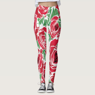 Elegant  Roos Patroon - Rood & Groen Bloemen Leggings