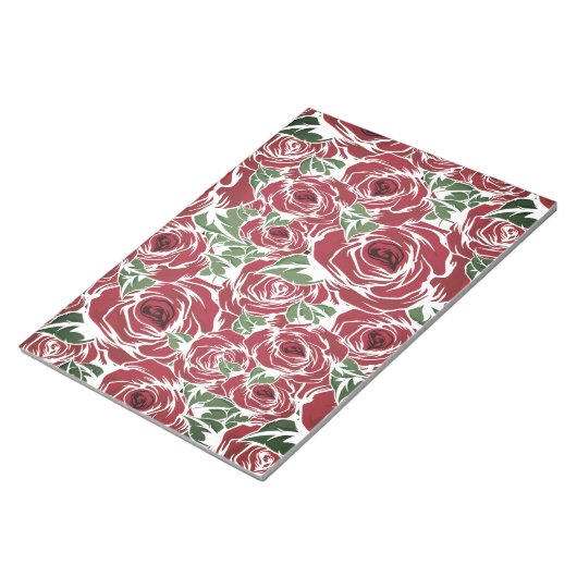 Elegant Roos Patroon - Rood & Groen Bloemen Notitieblok (Schuin)