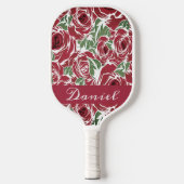Elegant  Roos Patroon - Rood & Groen Bloemen Pickleball Paddle (Voorkant)
