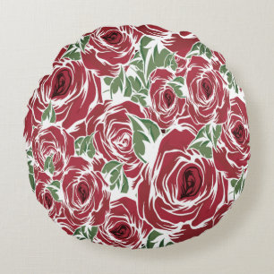Elegant Roos Patroon - Rood & Groen Bloemen Rond Kussen