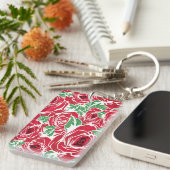 Elegant  Roos Patroon - Rood & Groen Bloemen Sleutelhanger (Voorkant Rechts)