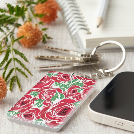 Elegant  Roos Patroon - Rood & Groen Bloemen Sleutelhanger (Voorkant Rechts)