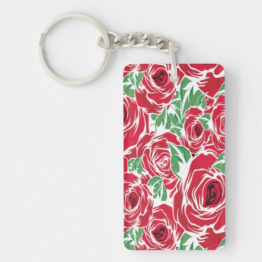 Elegant  Roos Patroon - Rood & Groen Bloemen Sleutelhanger (Voorkant)
