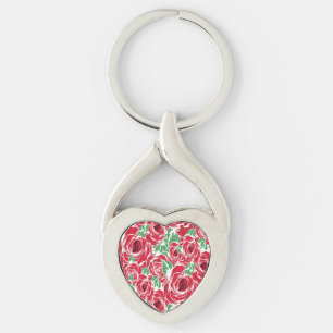 Elegant Roos Patroon - Rood & Groen Bloemen Sleutelhanger