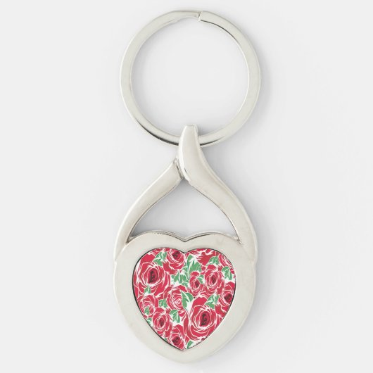 Elegant  Roos Patroon - Rood & Groen Bloemen Sleutelhanger (Voorkant)