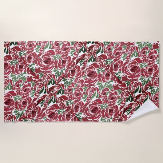 Elegant  Roos Patroon - Rood & Groen Bloemen Strandlaken (Voorkant)