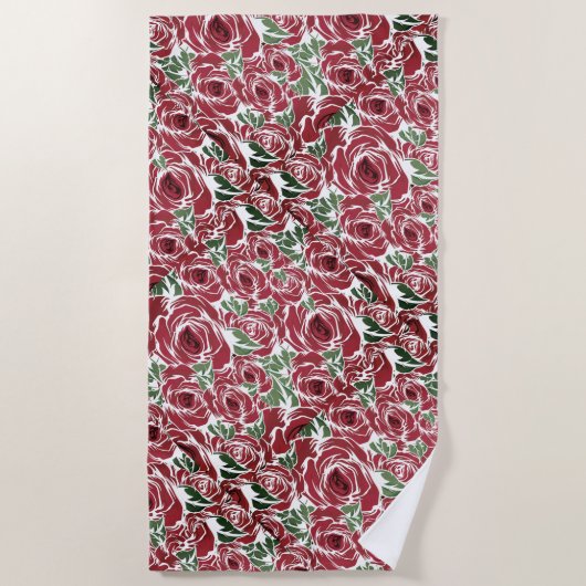 Elegant  Roos Patroon - Rood & Groen Bloemen Strandlaken (Voorkant)