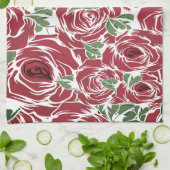 Elegant  Roos Patroon - Rood & Groen Bloemen Theedoek (Gevouwen)