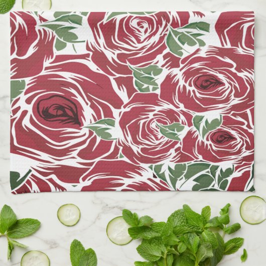 Elegant  Roos Patroon - Rood & Groen Bloemen Theedoek (Gevouwen)