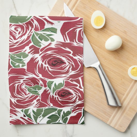Elegant  Roos Patroon - Rood & Groen Bloemen Theedoek (Quarter Fold)