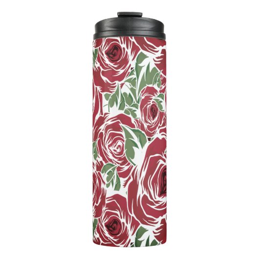 Elegant  Roos Patroon - Rood & Groen Bloemen Thermosbeker (Voorkant)