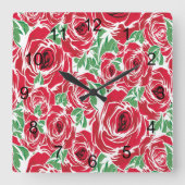Elegant  Roos Patroon - Rood & Groen Bloemen Vierkante Klok (Voorkant)