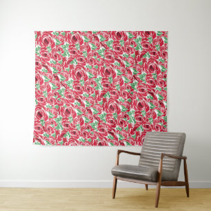 Elegant Roos Patroon - Rood & Groen Bloemen Wandkleed