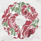 Elegant  Roos Patroon - Rood & Groen Bloemen Wijnglaslabel (Voorkant)