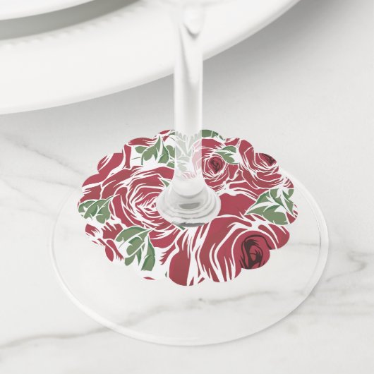 Elegant  Roos Patroon - Rood & Groen Bloemen Wijnglaslabel (Dichtbij)
