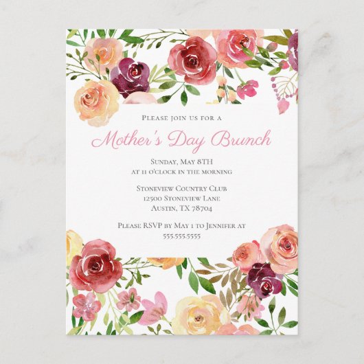 Elegant Roos Pink Peony Floral Moederdag Brunch Uitnodiging Briefkaart (Voorkant)