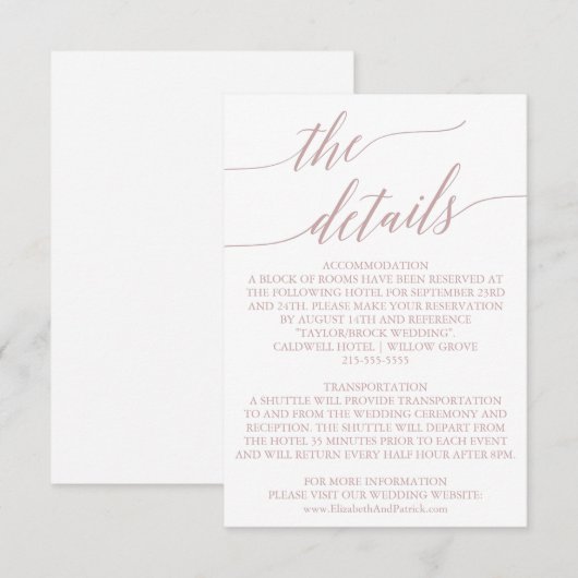 Elegant Roos Quartz Calligrafie Kaart Details (Voorkant / Achterkant)