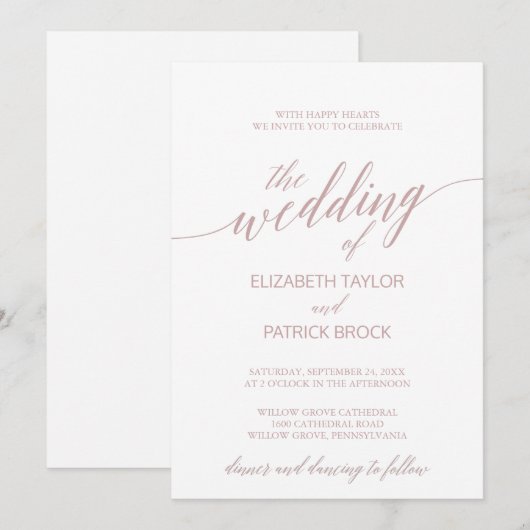 Elegant Roos Quartz Calligraphy Wedding Kaart (Voorkant / Achterkant)