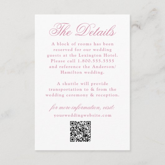 Elegant Roos Quartz Floral Crest Wedding Details Informatiekaartje (Voorkant)