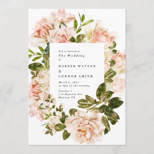 Elegant Roos Romance Waterverf huwelijksuitnodigin Kaart (Voorkant)