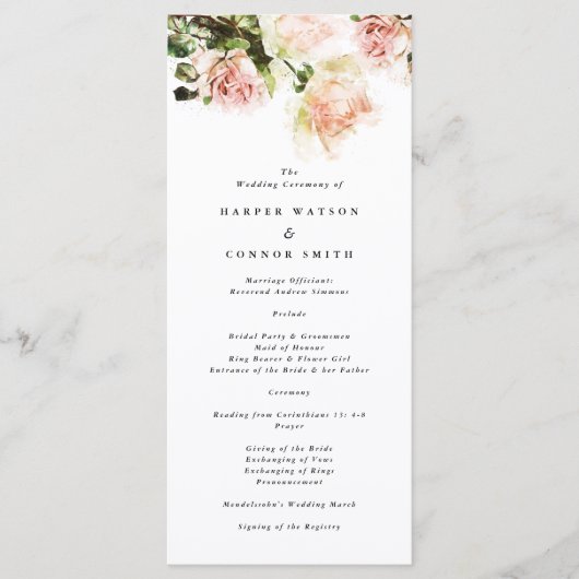 Elegant Roos Romance Wedding Programme Programmakaart (Voorkant)