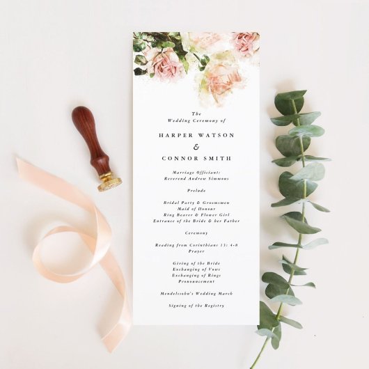 Elegant Roos Romance Wedding Programme Programmakaart