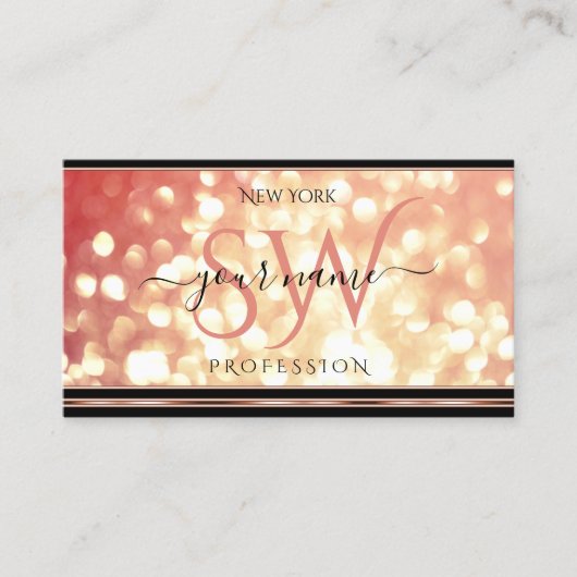 Elegant Roos Rood Gouden Glitter Initialen Zwart Visitekaartje (Voorkant)